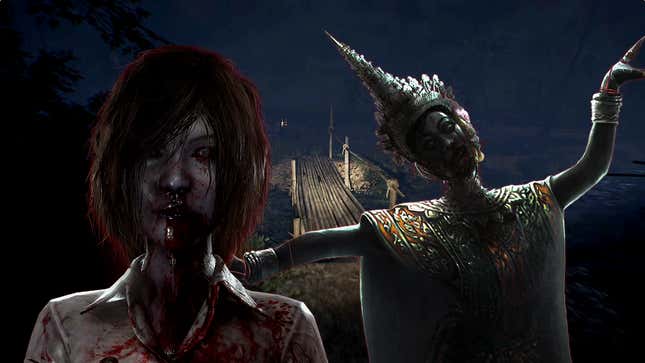 Two female ghosts are from the game Home Sweet Home. One has short brown hair covering one eye and a nasty nosebleed running down her shirt, the other is in Thai traditional dress and posed with her arms stretched out.