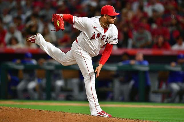 Apr 21, 2023; Anaheim, California, USA; Los Angeles Angels relief pitcher Jose Quijada (65) throws against the Kansas City Royals during the ninth inning at Angel Stadium.