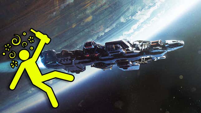 An image shows a space ship behind a drunk stick figure in space. 