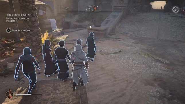 A screenshot shows an assassin in a white robe blending in with NPCs.
