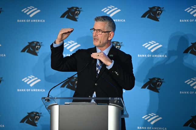 Jan 31, 2023; Charlotte, NC, USA; Carolina Panthers head coach Frank Reich speaks at his introductory press conference at Bank of America Stadium.