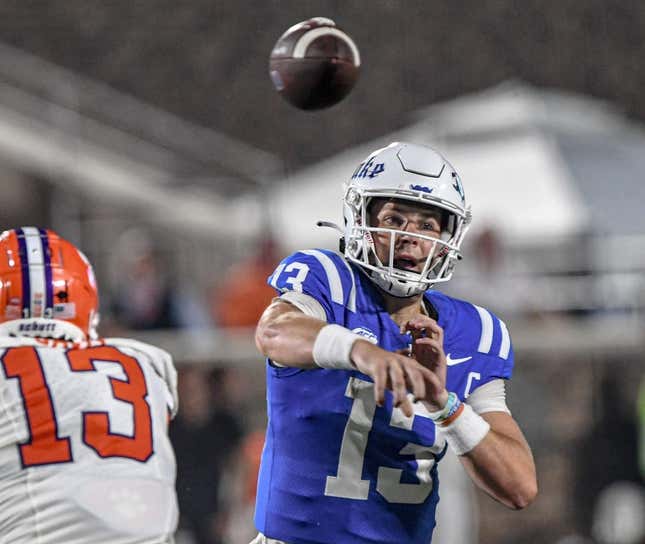 Sep 4, 2023; Durham, North Carolina, USA; Duke University quarterback Riley Leonard (13) passed the ball against Clemson during the first quarter of the season opening game at Wallace Wade Stadium in Durham, N.C. Monday, Sept 4, 2023.