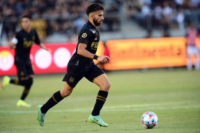 Aug 28, 2021; Los Angeles, CA, Los Angeles, CA, USA; Los Angeles FC forward Diego Rossi (9) moves the ball against the Los Angeles Galaxy during the second half at Banc of California Stadium.
