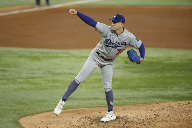 Jul 22, 2023; Arlington, Texas, USA; Los Angeles Dodgers starting pitcher Bobby Miller (70) pitches in the fourth inning against the Texas Rangers at Globe Life Field.
