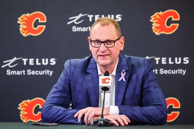Mar 16, 2022; Calgary, Alberta, CAN; Calgary Flames General Manager Brad Treliving during interview prior to the game against the New Jersey Devils at Scotiabank Saddledome.