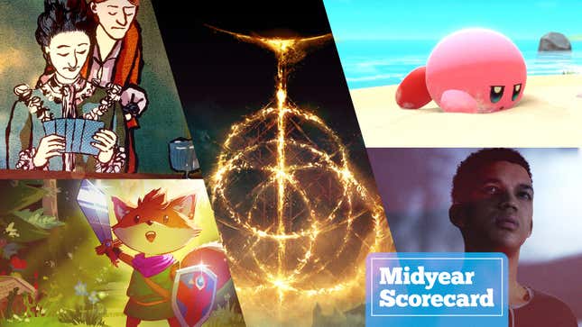 (Clockwise from lower left to right) Tunic (Image: Andrew Shouldice), Card Shark (Image: Devolver Digital), Elden Ring (Image: Bandai-Namco), Kirby And The Forgotten Land (Image: Nintendo), The Quarry (Image: 2K Games)