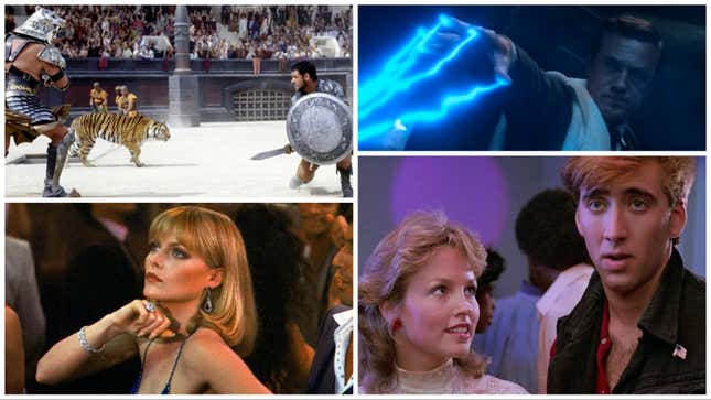Clockwise from top left: Gladiator (DreamWorks), The Portable Door (MGM+), Valley Girl (MGM), Scarface (Universal Pictures)