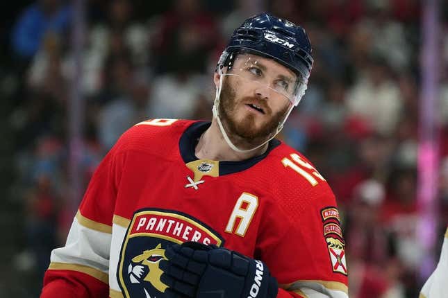 May 22, 2023; Sunrise, Florida, USA; Florida Panthers left wing Matthew Tkachuk (19) skates on the ice against the Carolina Hurricanes during the second period in game three of the Eastern Conference Finals of the 2023 Stanley Cup Playoffs at FLA Live Arena.