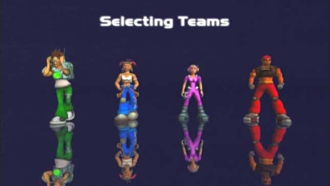 The character selection screen from the original Fuzion Frenzy, with Gina and Jet in blue and pink in the middle. 