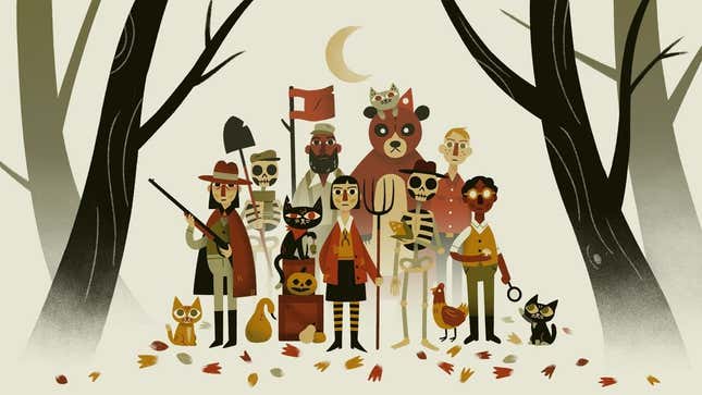 The cast of Revenant Hill is seen standing between two pairs of trees.
