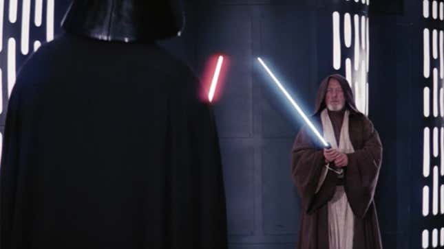 Obi-Wan Kenobi, blue lightsaber drawn, faces off against Darth Vader in the Death Star.