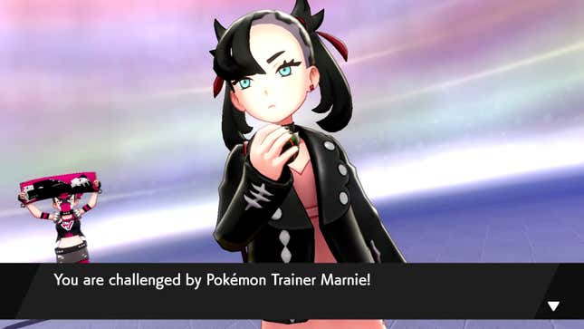 A fan waves a poster of Marnie over their head as she holds her pokeball determinedly ahead of a gym battle. 