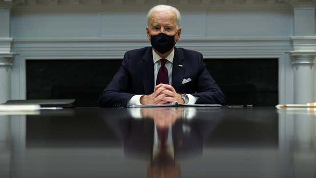 US president Joe Biden receives an economic briefing in the Roosevelt Room at the White House.