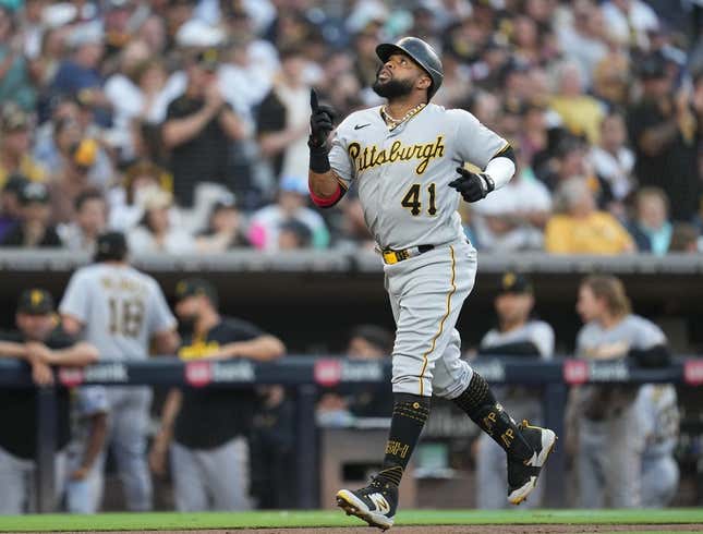 Jul 24, 2023; San Diego, California, USA;  Pittsburgh Pirates first baseman Carlos Santana (41) reacts to his two run home run against the San Diego Padres during the third inning at Petco Park.