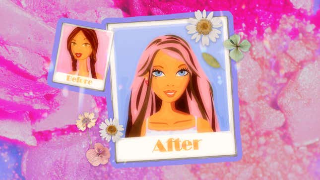 A before and after show a cartoon Barbie character with and without makeup against a photo of crushed pink eyeshadow.