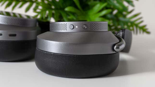 A close-up of the Master & Dynamic MW75's left ear cup.