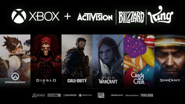 A marketing slide shows the logos of Activision Blizzard games Microsoft will acquire. 