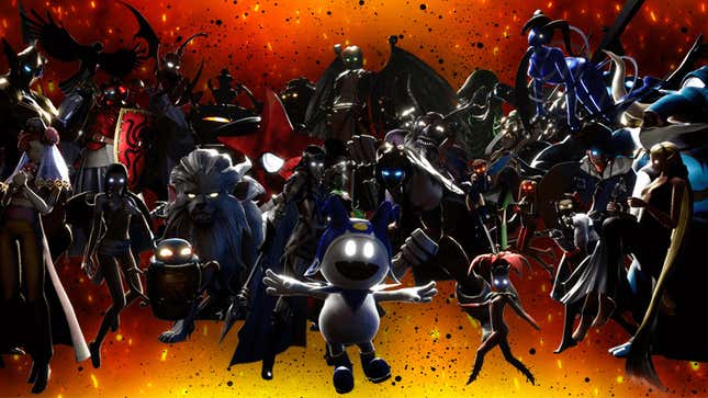 An assortment of Shin Megami Tensei demons appear, with ominously glowing eyes.