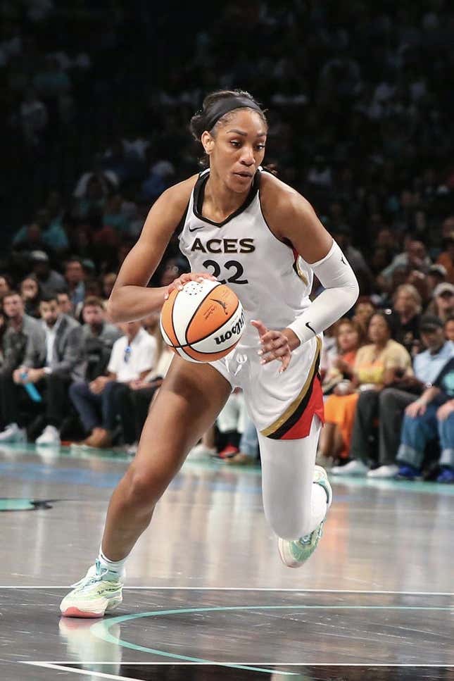 Aug 6, 2023; Brooklyn, New York, USA; Las Vegas Aces forward A&#39;ja Wilson (22) drives to the basket in the third quarter against the New York Liberty at Barclays Center.