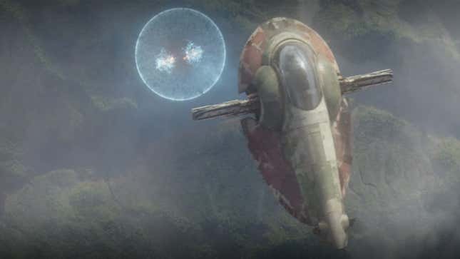 Boba Fett's starship, known as Slave 1, using a seismic charge in Chapter 15 of The Mandalorian, "The Believer".