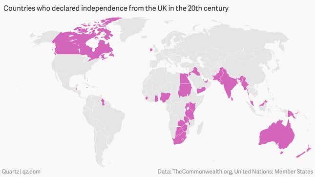 Image for article titled All of the declarations of independence from the UK in the last century, mapped and charted