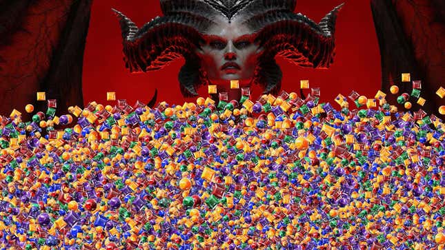 An image shows Lilith from Diablo 4 buried by thousands of gems. 