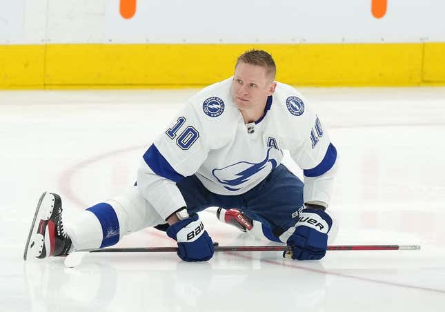 Apr 20, 2023; Toronto, Ontario, CAN; Tampa Bay Lightning right wing Corey Perry (10) stretches during the warmup against the Toronto Maple Leafs before game two of the first round of the 2023 Stanley Cup Playoffs at Scotiabank Arena.