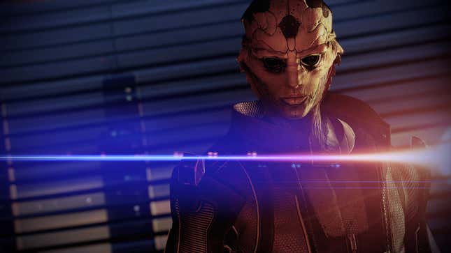 a closeup shot of thane in mass effect 2 with some lens flare