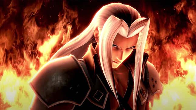 A screenshot shows FF7 villian Sephiroth standing in front of a wall of fire. 