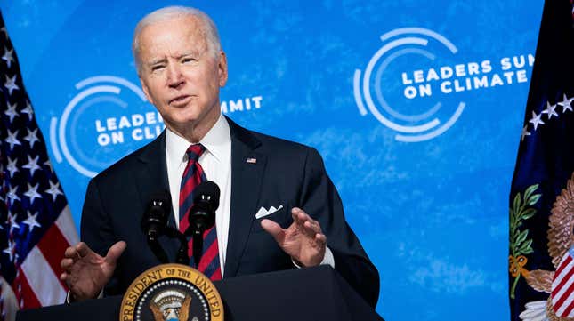 President Joe Biden speaks during climate change virtual summit from the East Room of the White House on April 22, 2021,