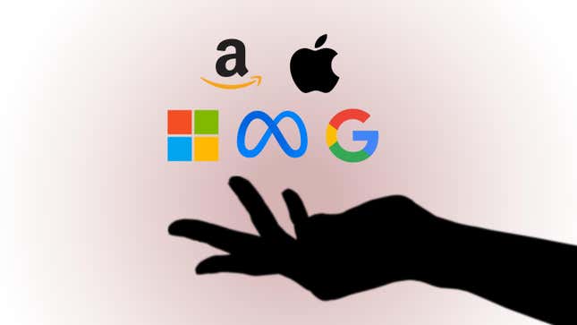  The Big Five American information technology companies are Google (Alphabet), Microsoft, Amazon, Apple, and Meta. Their logos are shown above a silhouette hand.
