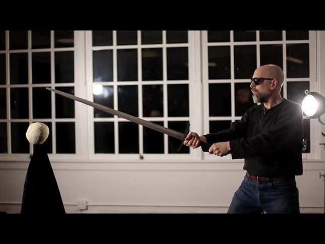 Watch Neal Stephenson slice up fruit with swords on high-speed video