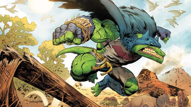 A very angry anthropomorphic allosaurs leaps over a log as a pack of triceratops watch.