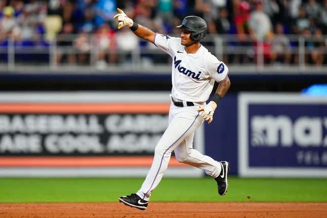 Jul 9, 2023; Miami, Florida, USA; Miami Marlins right fielder Dane Myers (54) runs the bases after hitting a home run against the Philadelphia Phillies during the third inning at loanDepot Park.