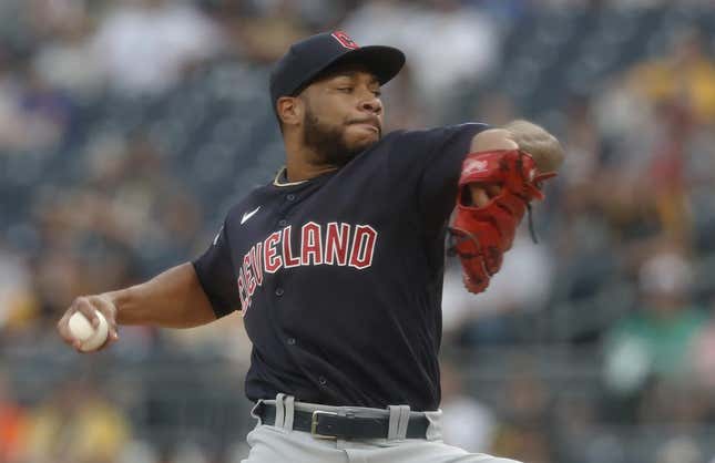 Jul 17, 2023; Pittsburgh, Pennsylvania, USA;  Cleveland Guardians starting pitcher Xzavion Curry (44) delivers a pitch against the Pittsburgh Pirates during the first inning at PNC Park.