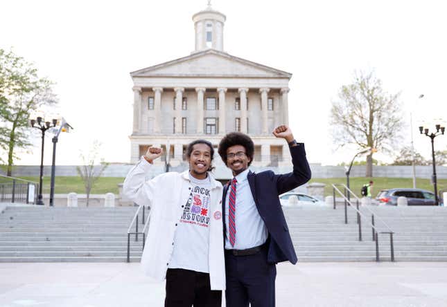 NASHVILLE, TENNESSEE - APRIL 18: Tennessee State Representatives Justin Jones and Justin J. Pearson are seen during a demonstration of linking arms in support of gun control laws sponsored by Voices for a Safer Tennessee at Legislative Plaza on April 18, 2023 in Nashville, Tennessee. 