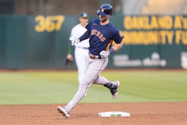 Jul 21, 2023; Oakland, California, USA;  Houston Astros right fielder Kyle Tucker (30) run the bases after hitting a two run home run during the fifth inning against the Oakland Athletics at Oakland-Alameda County Coliseum.