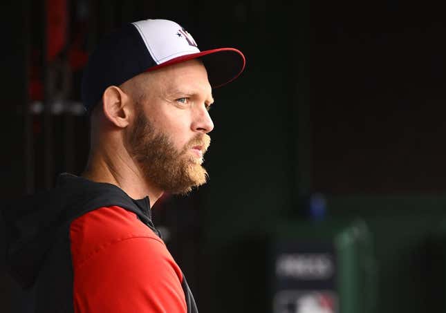 Oct 1, 2022; Washington, District of Columbia, USA; Washington Nationals pitcher Stephen Strasburg looks on during the game against the Philadelphia Phillies at Nationals Park.