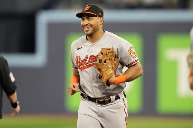 Aug 1, 2023; Toronto, Ontario, CAN; Baltimore Orioles right fielder Anthony Santander (25) reacts as he comes off the field after making a fly ball catch on Toronto Blue Jays shortstop Santiago Espinal (not pictured) during the seventh inning at Rogers Centre.