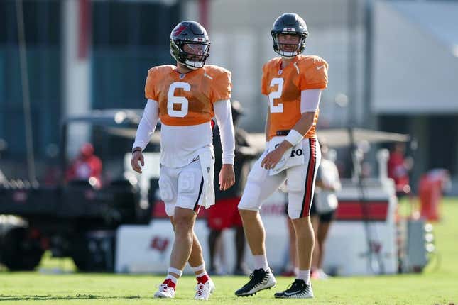 Aug 3, 2023; Tampa Bay, FL, USA; Tampa Bay Buccaneers quarterback Baker Mayfield (6) and quarterback Kyle Trask (2) participate in training camp at AdventHealth Training Center.