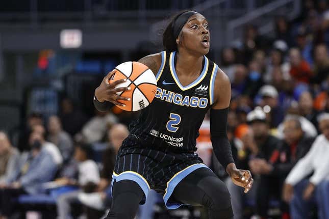 May 24, 2022; Chicago, Illinois, USA; Chicago Sky guard Kahleah Copper (2) brings the ball up court against the Indiana Fever during the first half at Wintrust Arena.