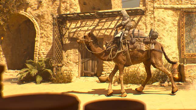 A screenshot shows an assassin in a white robe riding a camel in a city. 