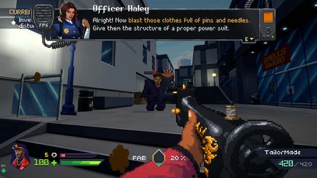 A screenshot of gameplay from the demo featuring a big enemy in a suit.