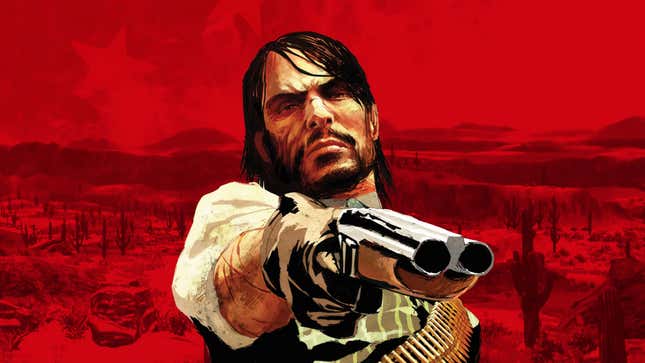Der Protagonist von Red Dead Redemption zielt mit einer Schrotflinte auf die Kamera.