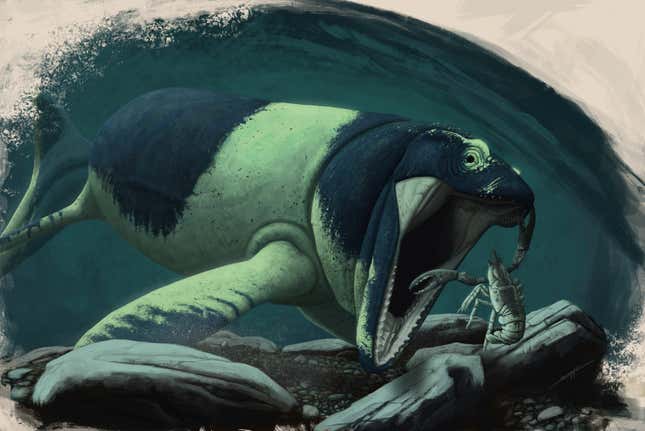 Ilustración con una especie de Mosasaurio atacando una langosta.