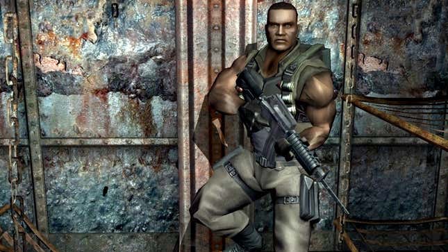 A soldier leans against a wall, an assault rifle in hand, in 2004's Far Cry.