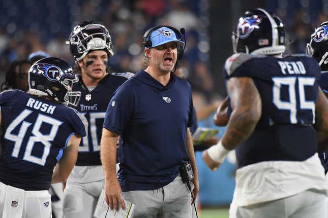 Aug 25, 2023; Nashville, Tennessee, USA; Tennessee Titans defensive coordinator Shane Bowen reacts after a defensive stop during the second half against the New England Patriots at Nissan Stadium.