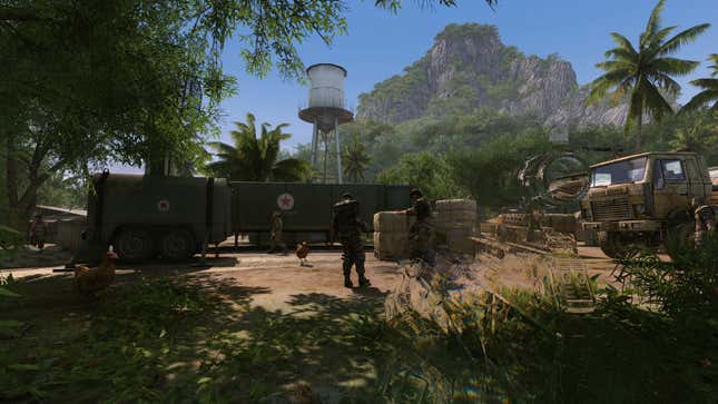 A screenshot of Crysis shows the player advancing toward enemies on a jungle island from a first-person perspective. Their weapon is cloaked in invisibility.