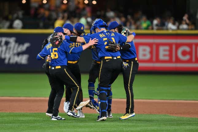 Aug 11, 2023; Seattle, Washington, USA; Seattle Mariners players celebrate defeating the Baltimore Orioles at T-Mobile Park.