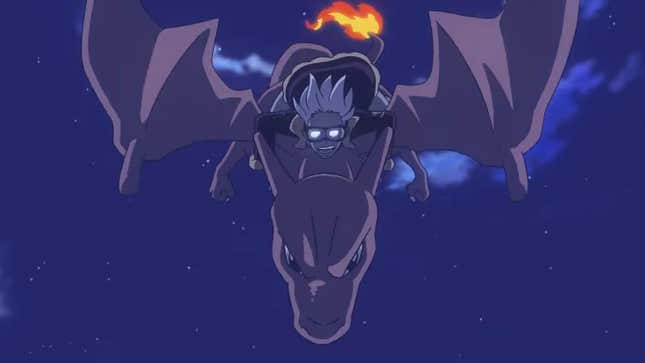 Friede is seen descending on the scene on a Charizard's back with the night sky in the background.